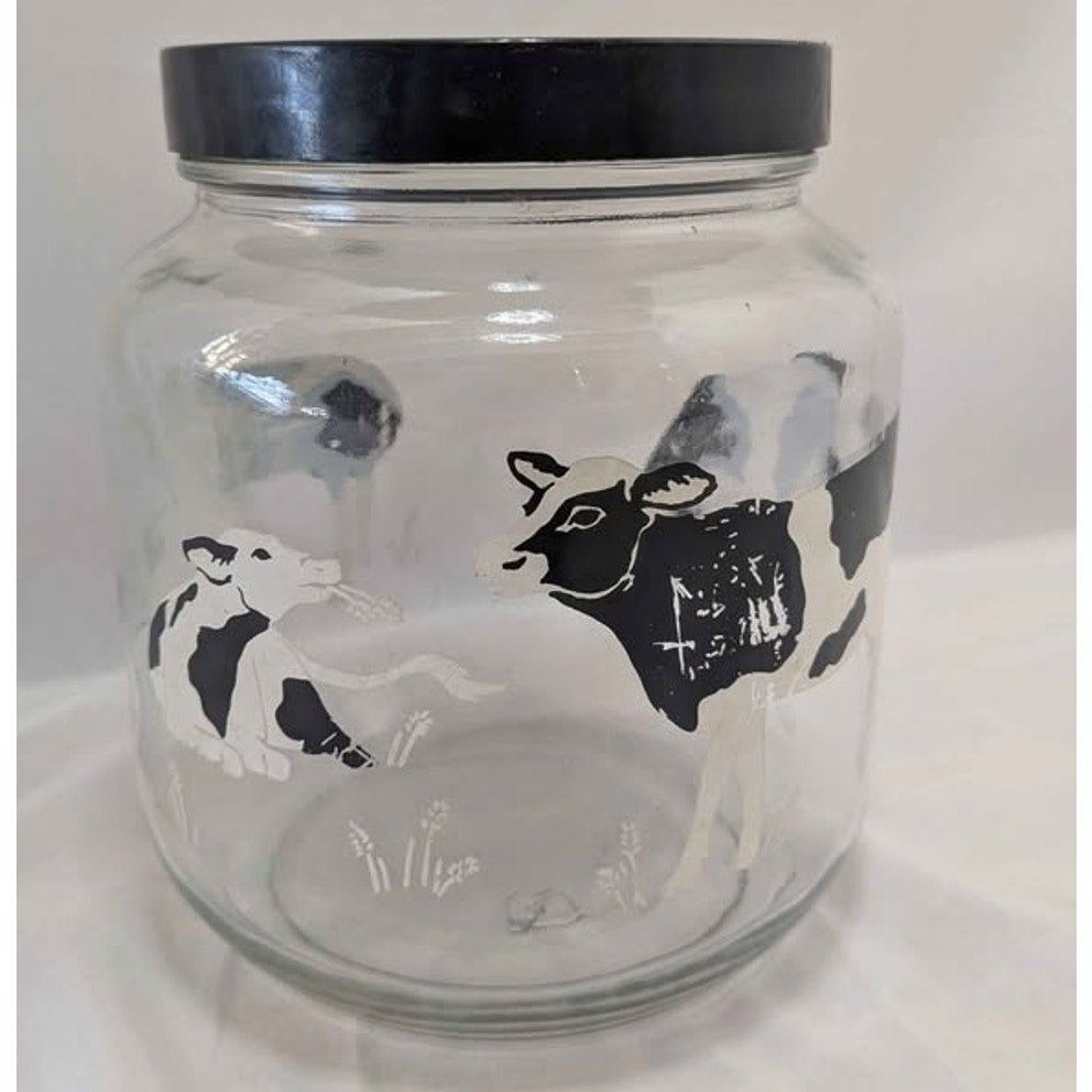 Vintage Anchor Hocking Cow Print Glass Cookie Jar Black Lid Kitchen Decor.