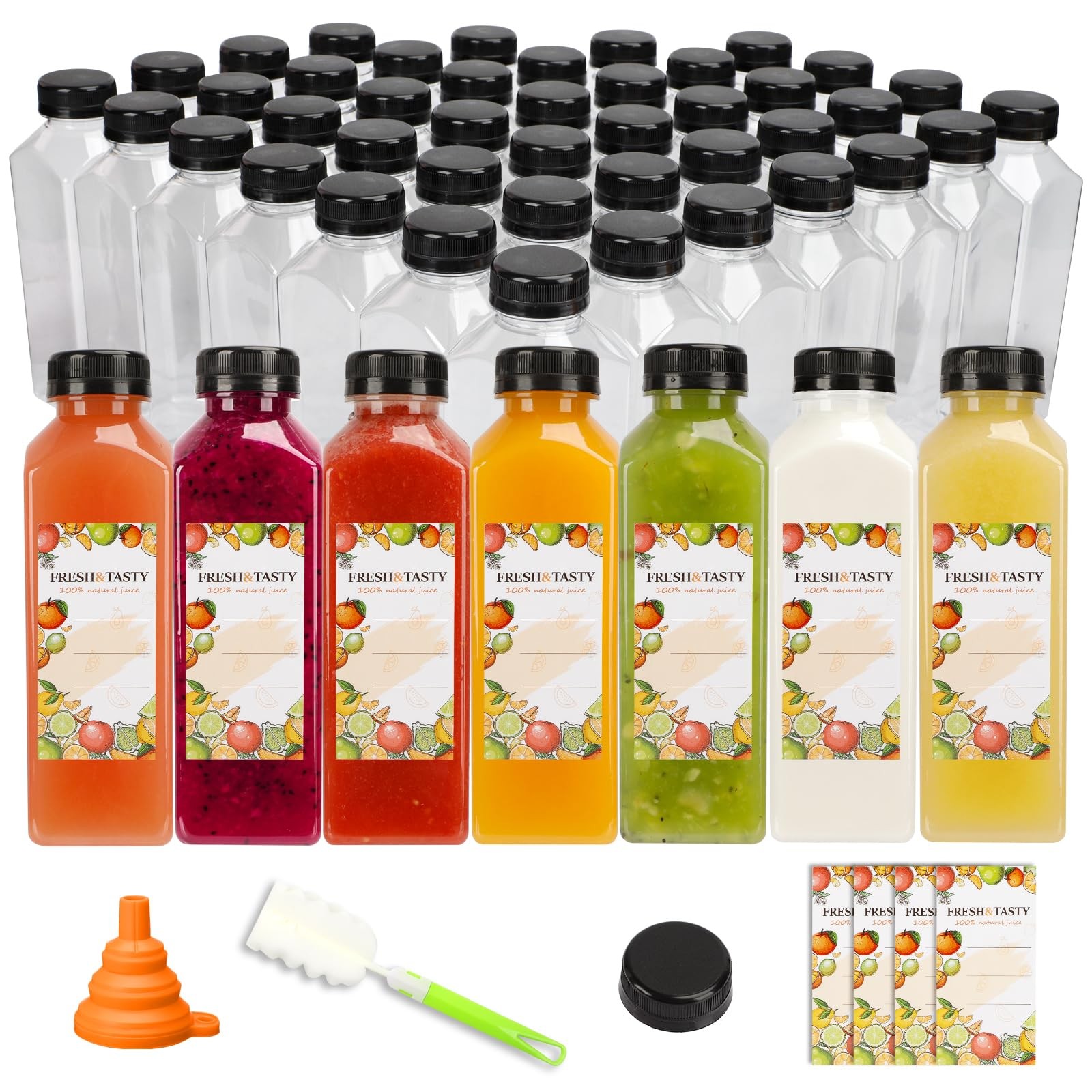 100 PCS 16 oz Plastic Juice Bottles Black Caps Label Funnel Brush Containers