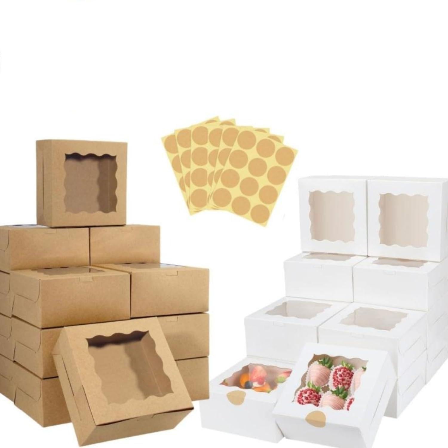 60 Pack Bakery Boxes with Window, 4 x 4 x 3 Inches Small Cake with Stickers f…