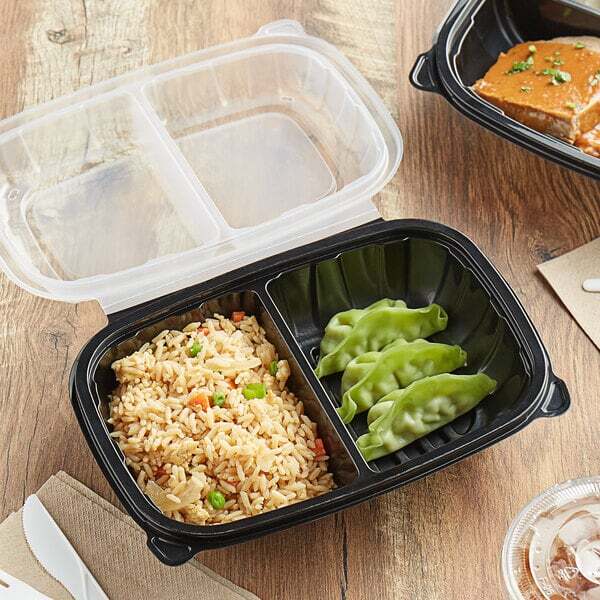 9″ x 6″ x 3″ Microwaveable 2-Compartment Black / Clear Plastic Hinged Container
