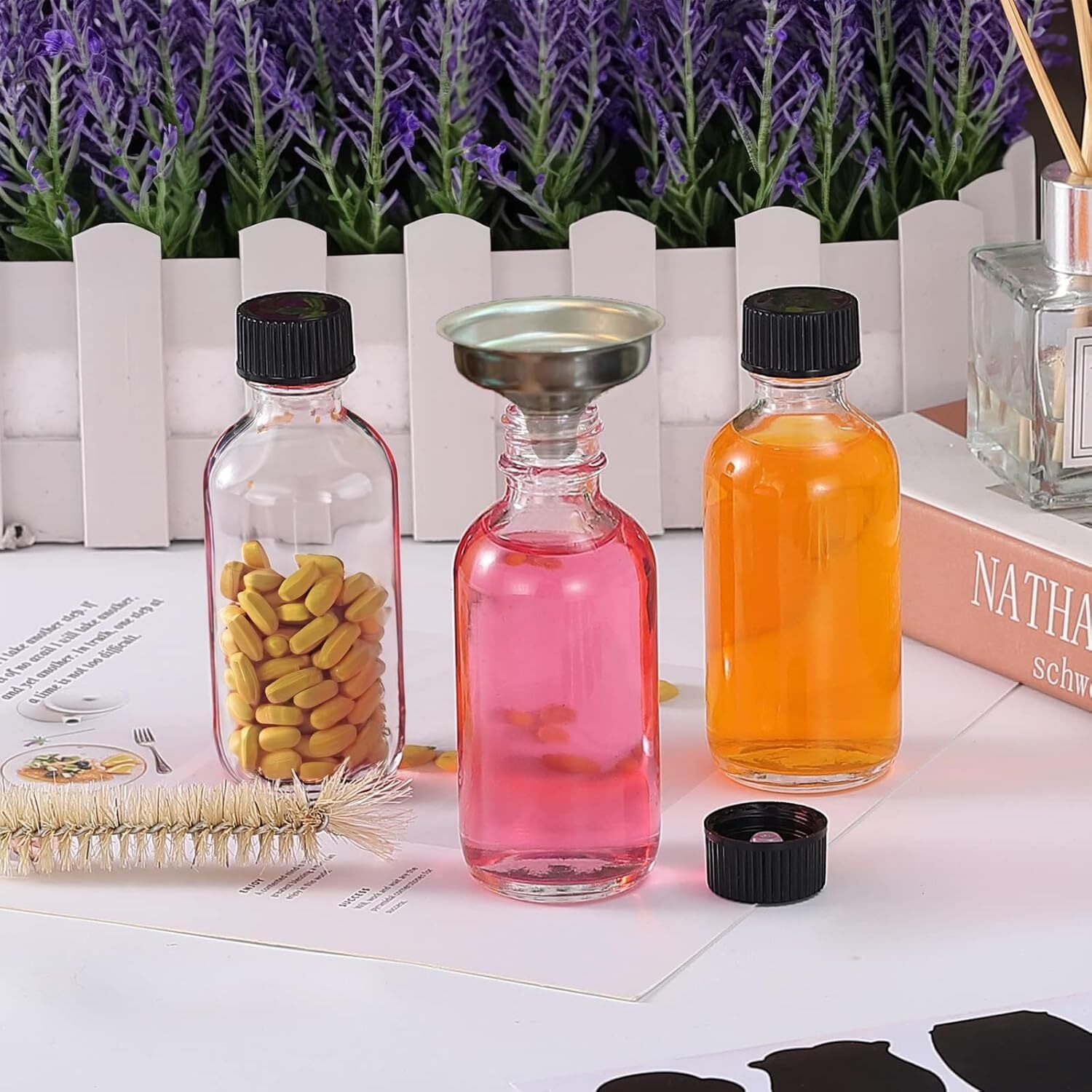 6 Pack 2 oz Shot Bottles with Caps, Glass Jars with Lids, Small Clear