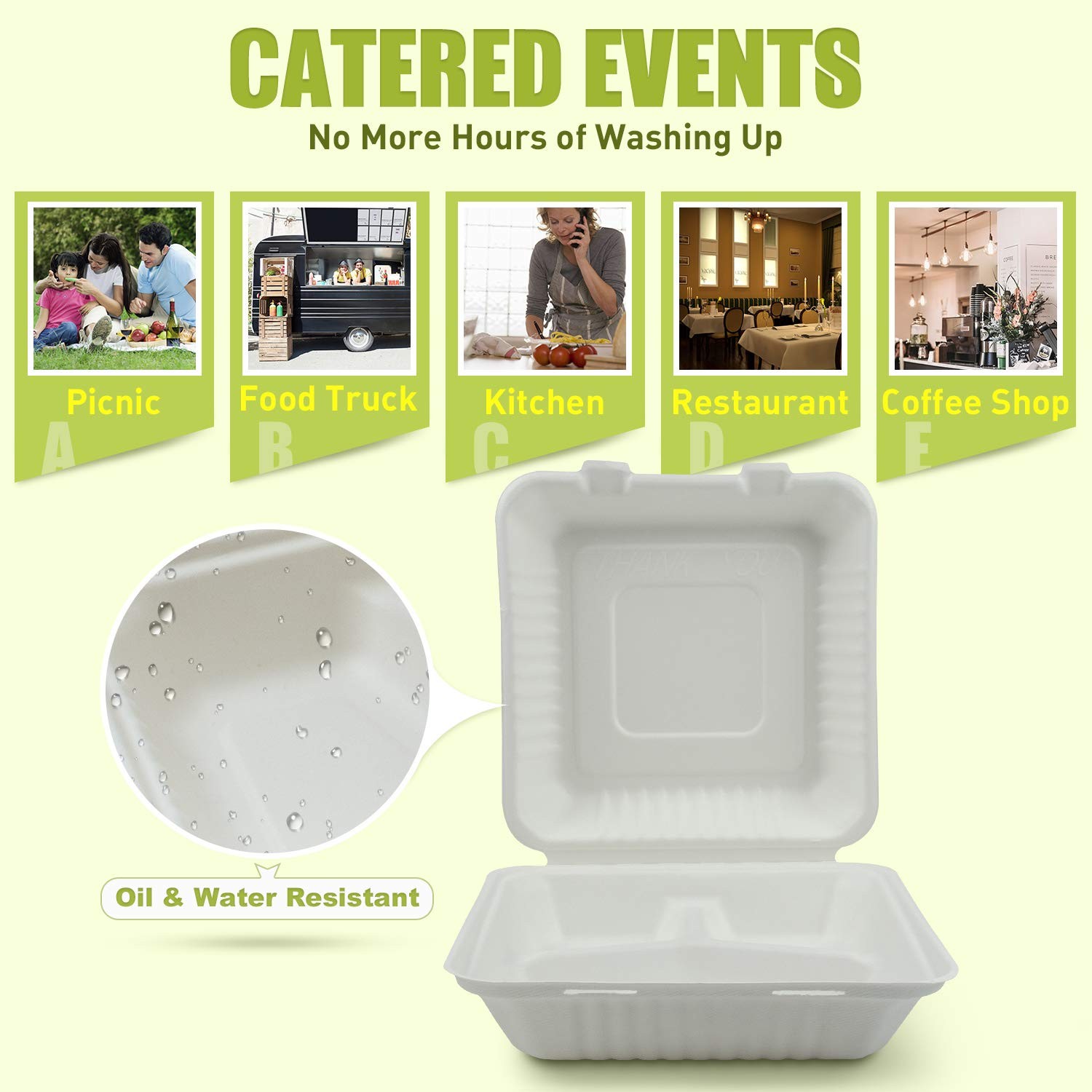 100 Count 9 Inch 3-Compartment Compostable Bagasse Clamshell To Go Food Boxes