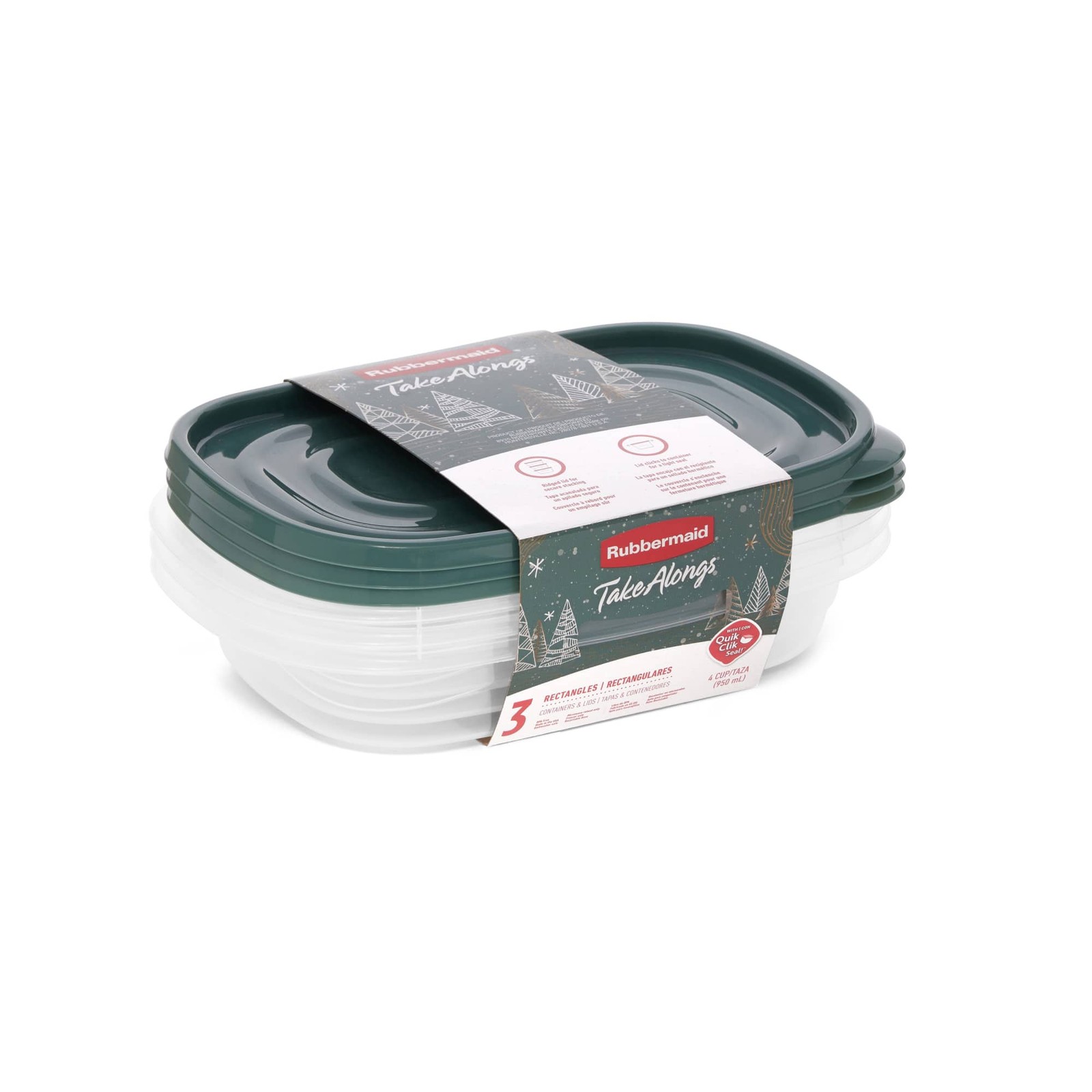 Rubbermaid Clear Food Storage Container with Lid, 4 Cup, Green, Pack of 3