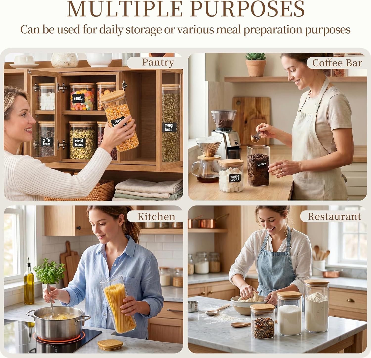 37 Oz Glass Storage Jars with Bamboo Lids – 6 Pack Clear Glass Canisters Square