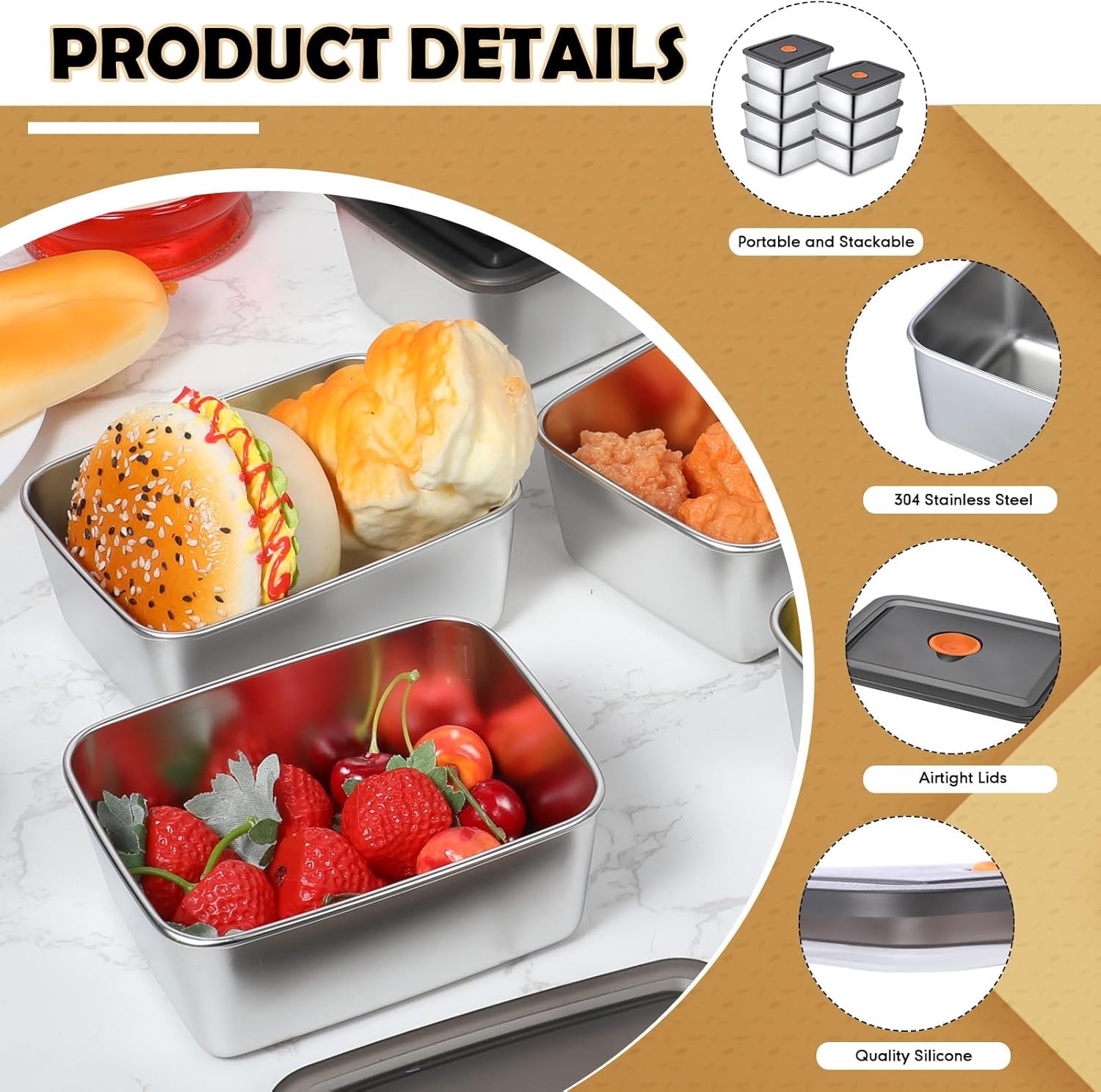 Layhit 10 Set Stainless Steel Food Containers with Lids 20 oz 20 oz, silver