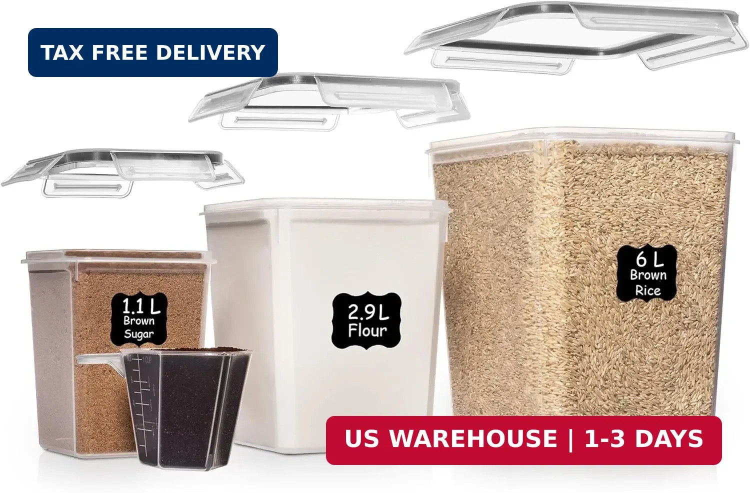 Shazo Flour Sugar Storage Containers Set of 3 (6L, 2.9L, 1.1L) Large Airtight Fo