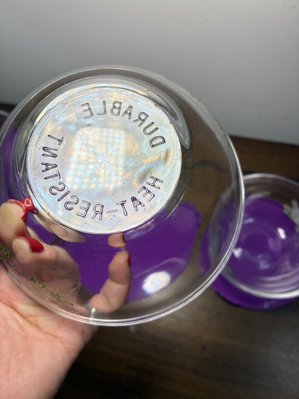 Vintage Durable Imperial 10p Nesting Glass Bowl Set w/ Purple Lids Floral Design