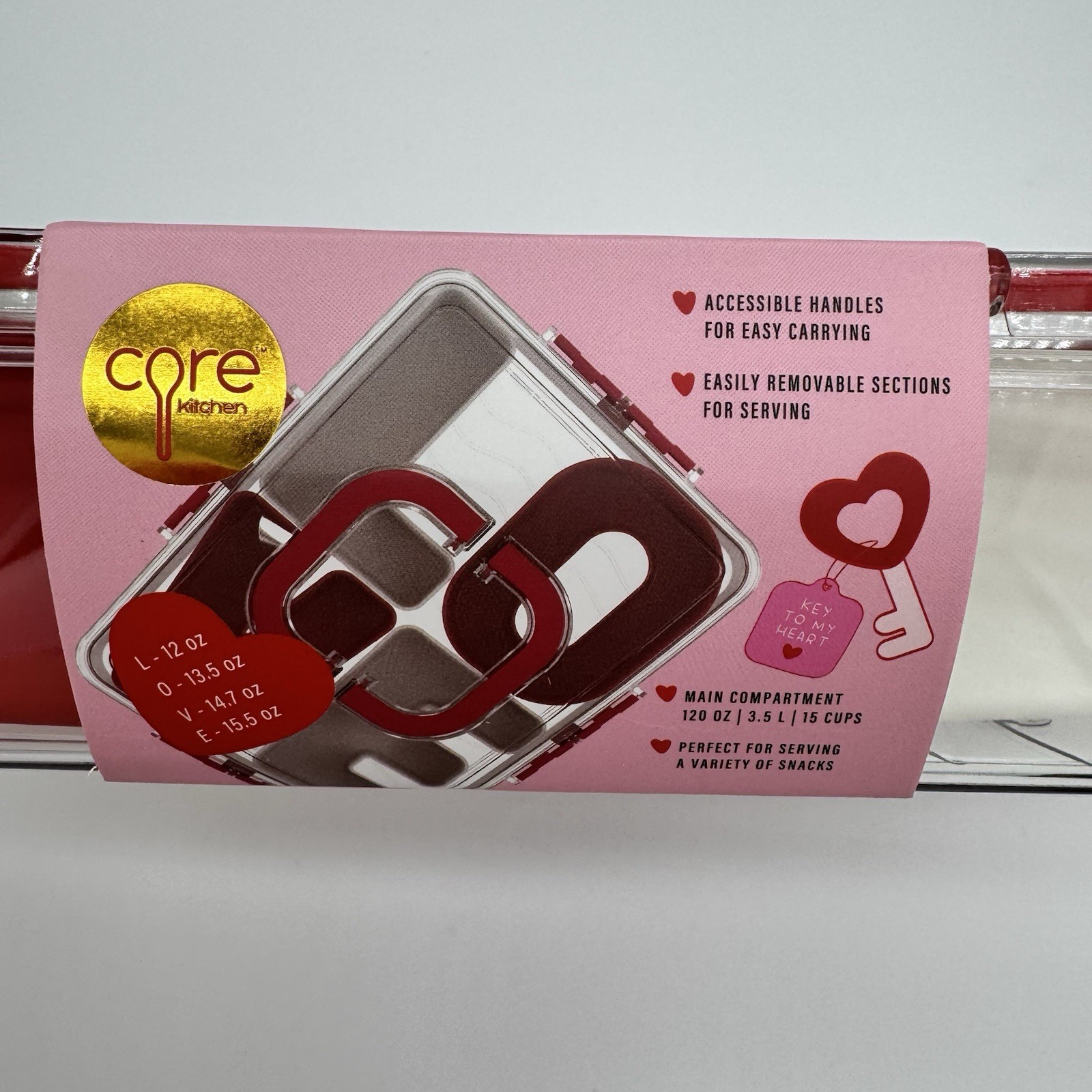 Core Kitchen “Love” 5-Section Snackle Container Valentine, 120oz/3.5L/15 Cups