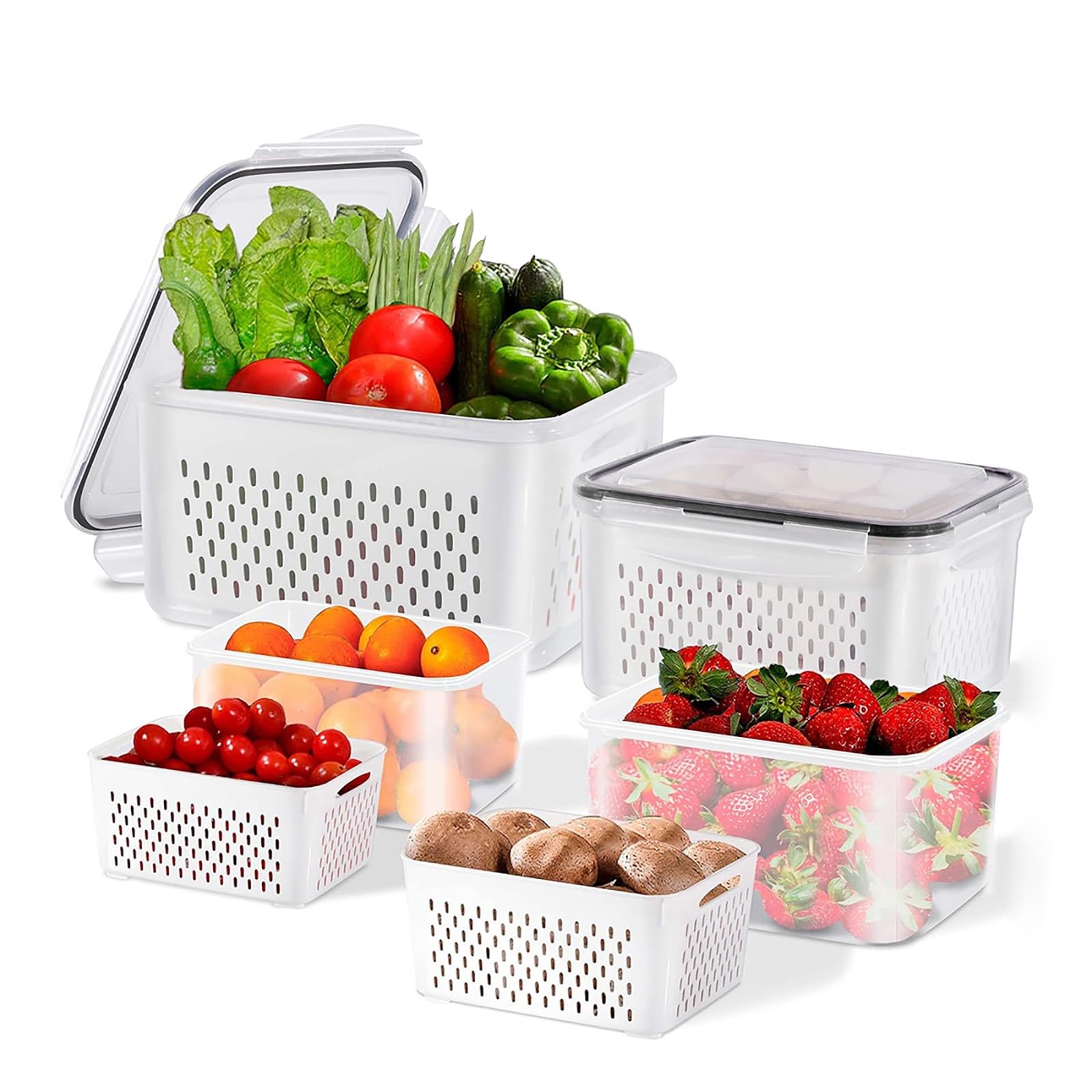 Asnews 3Pcs 4 in 1 Fruit Containers for Fridge with Removable Colanders and L…
