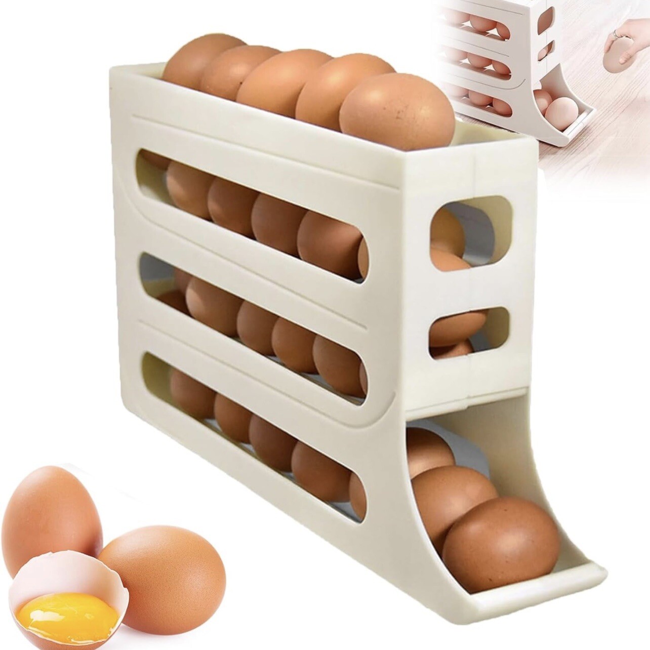 Kitchen Roll down Egg Dispenser & Storage For Refrigerator Organizer Rack Holder