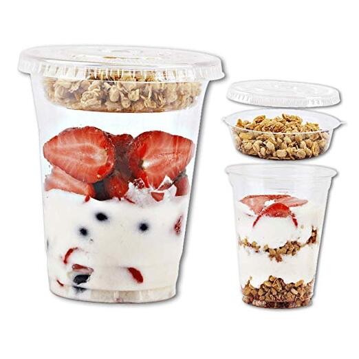 12 oz Plastic Parfait Cups with Insert 3.25oz & Flat Lids No Hole – 50 Clear