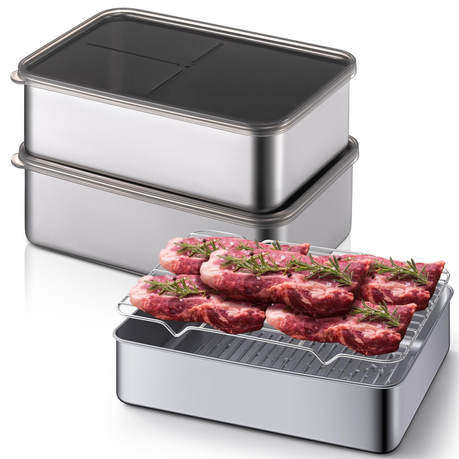3 Set 304 Stainless Steel Containers for Fridge, with Removable Drain Tray, 1…