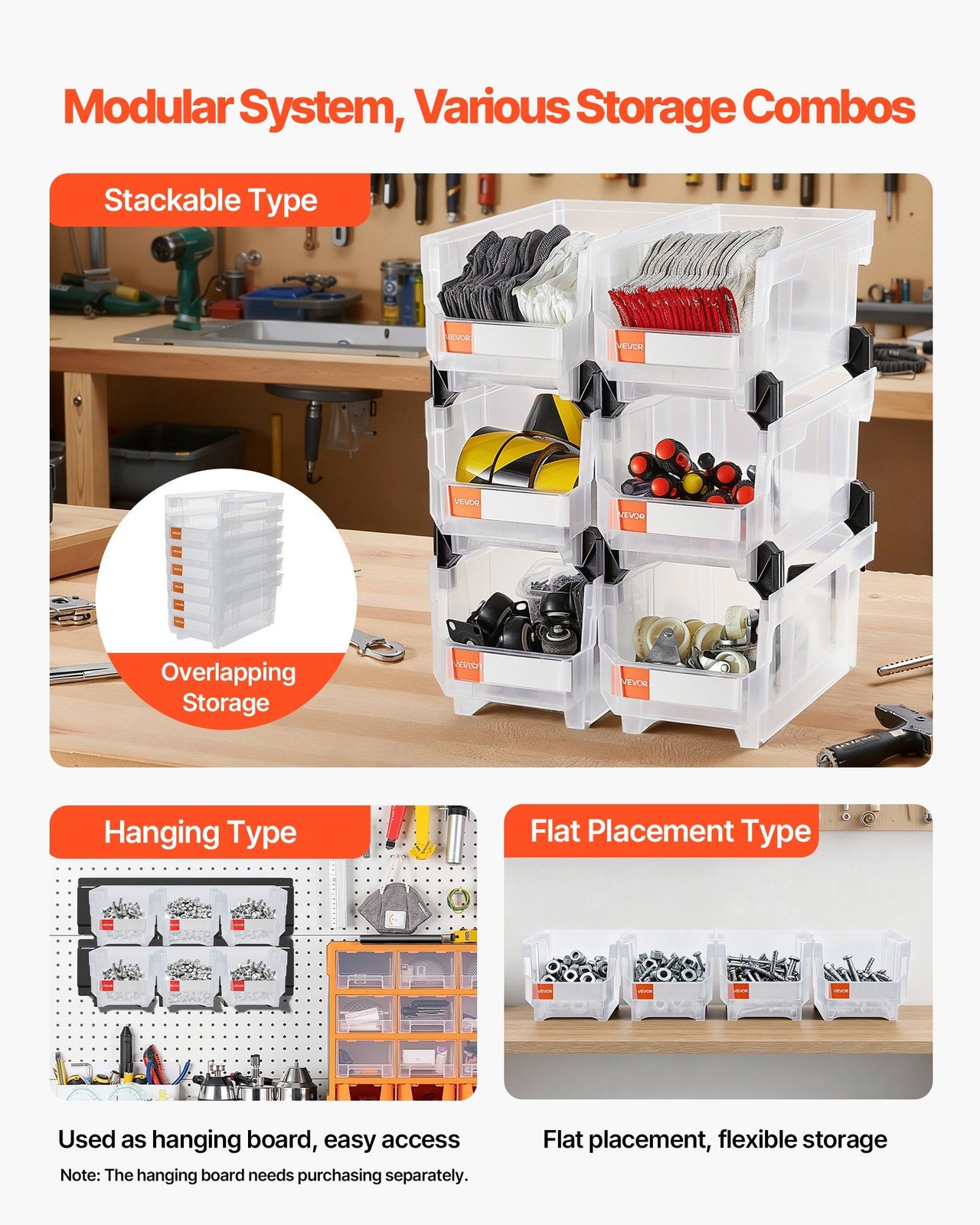 6-Pack Stackable 14.8×8.5×7.1in Transparent Plastic Storage Bin Organizer