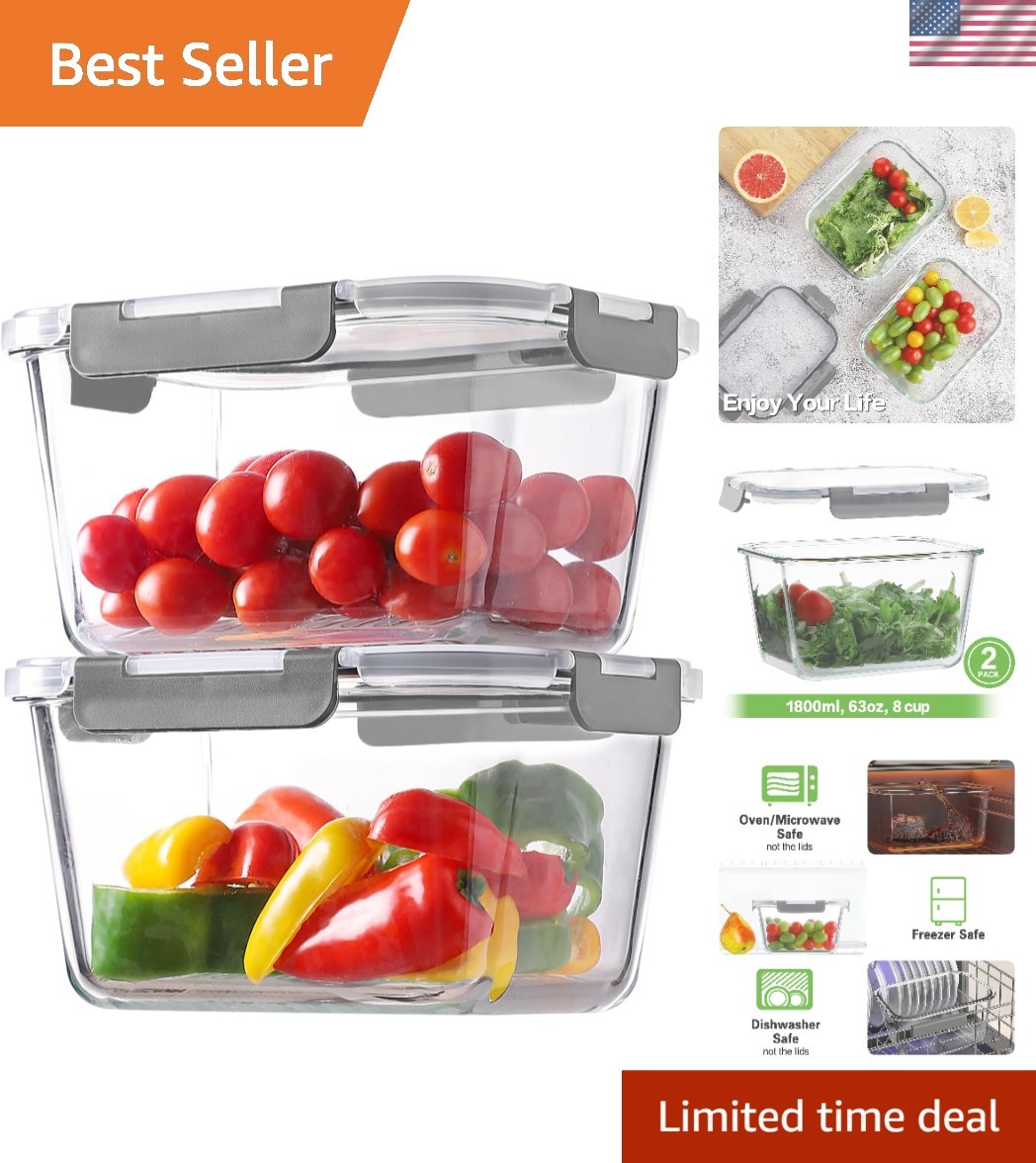 4 Pieces 63oz/8cup Large Glass Food Storage Containers with Lids, Meal Prep C…