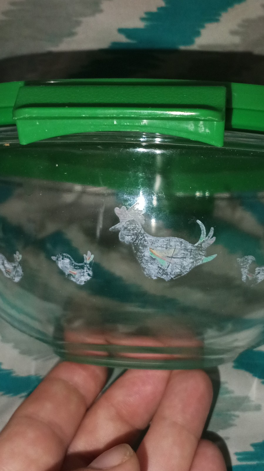 Glass Food Storage Bowl with Green Snap Lid and Animal Print