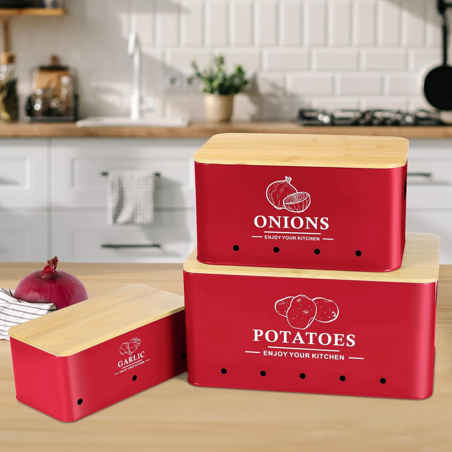 Kitchen Vegetable Storage Set of 3, Metal Onion Garlic Potato Storage Set, Kitch