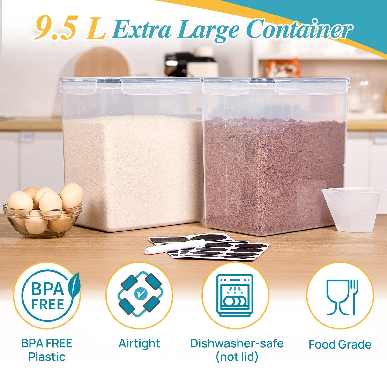 2 PCS 9.5L Flour Sugar Storage Container 25 Lbs Airtight Pantry Canister