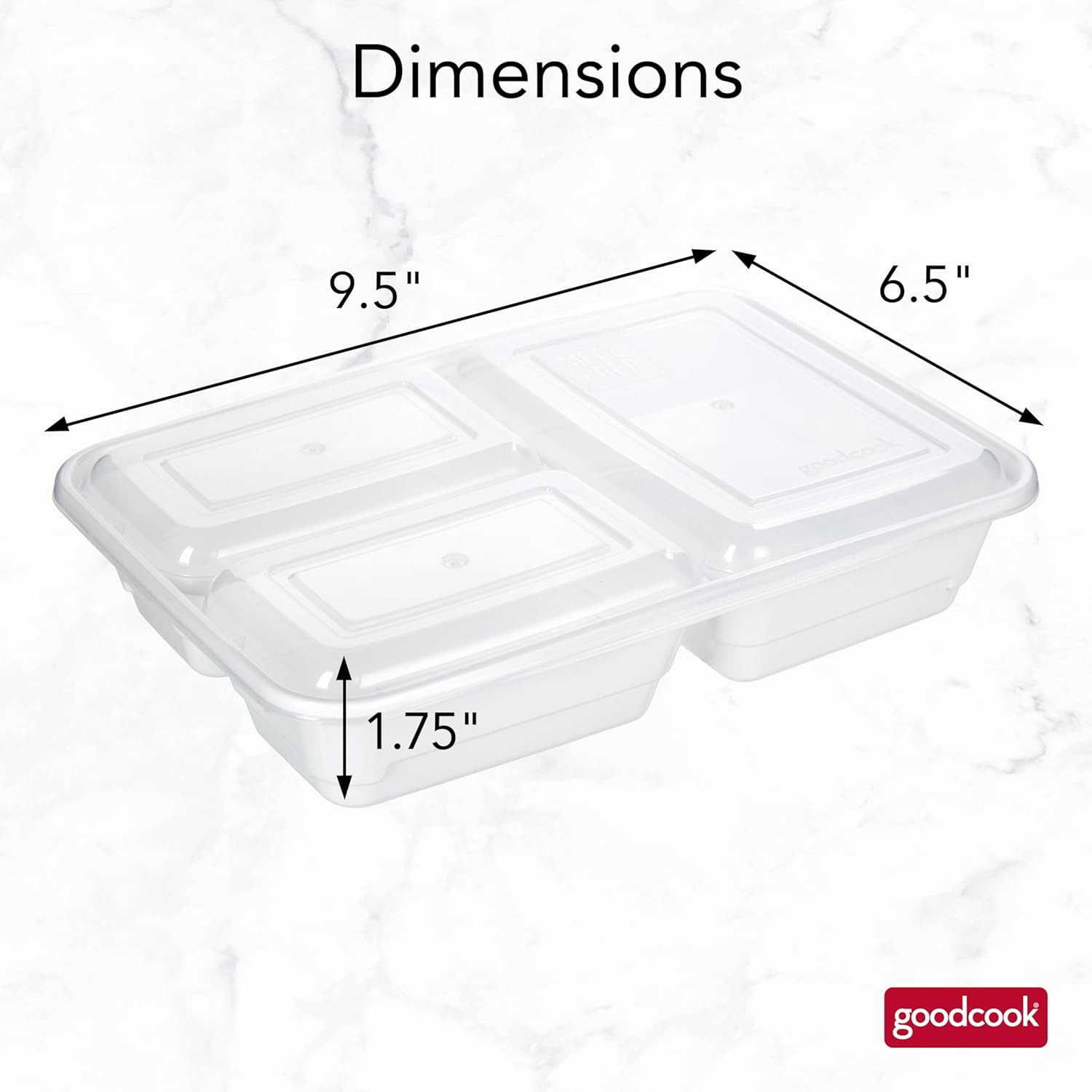 Meal Prep Rectangle Three Compartment 20-Piece, White, Made without BPA