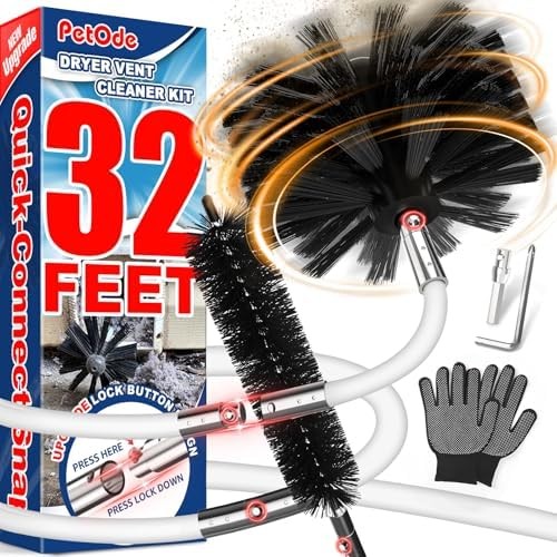 PetOde 32 Feet Dryer Vent Cleaner Kit, Enhanced Flexible Quick Snap Brush with D