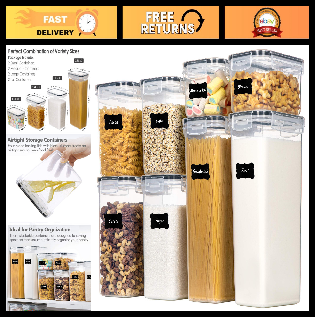 Airtight Food Storage Containers Set – 8 PCS Plastic Canisters for Kitchen & Pan