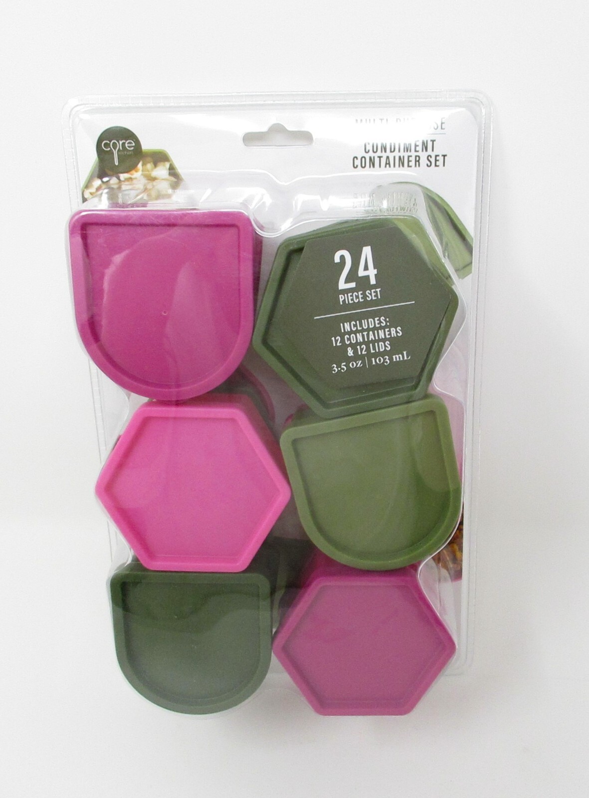 Core Condiment Container Set With Lids 24 Pc green pink purple each holds 3.5oz