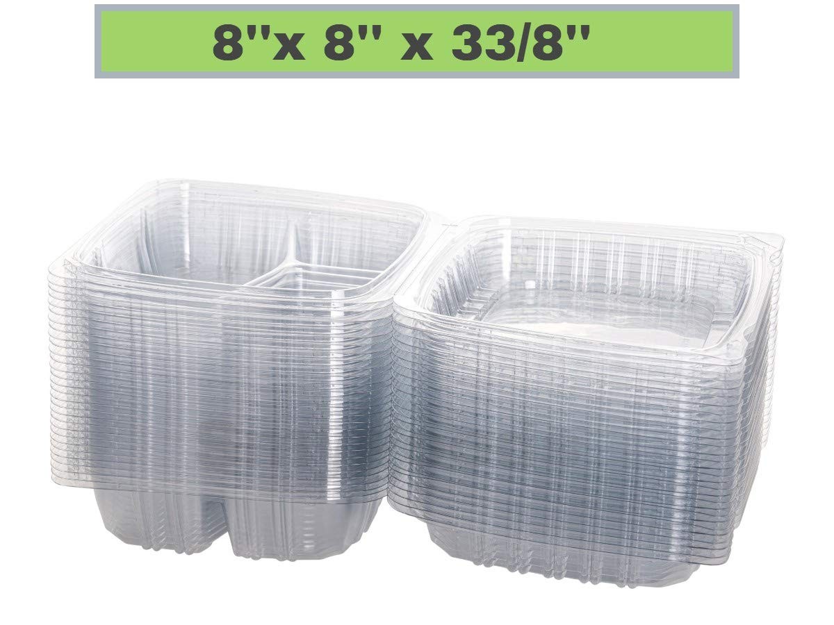 Plastic Clamshell Food Containers, (Pack of 50-8x8x3 3/8) 3-Compartment, to g…