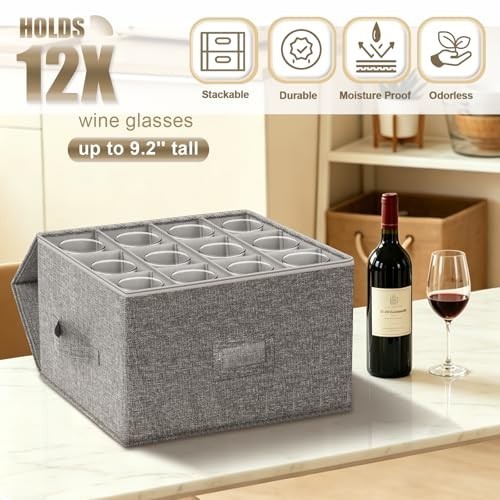 Wine Glass Storage Box with Dividers, 2-Pack Stemware Storage Containers w/Hard