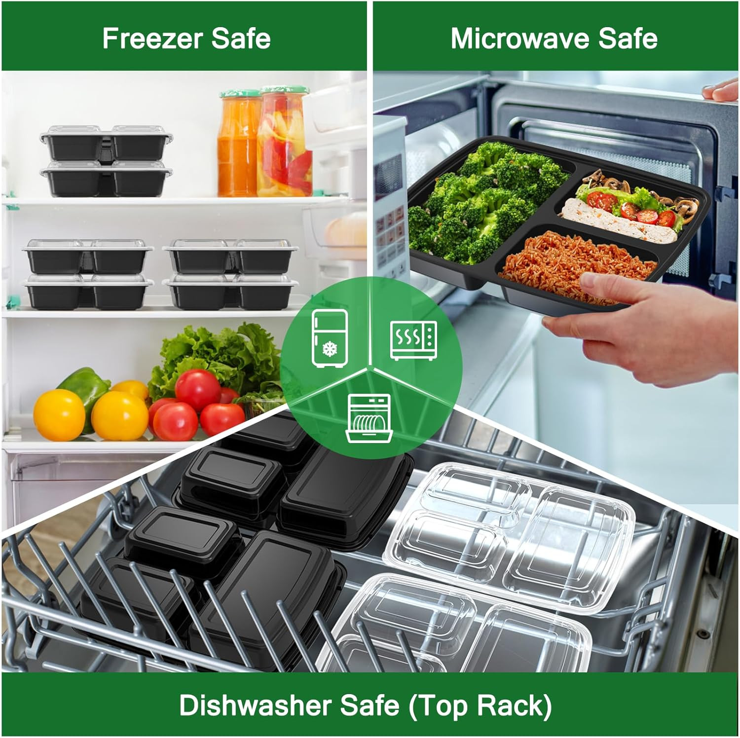 50 Pack (100-Piece) 32 Oz Meal Prep Containers Reusable with Lids 3-Compartment,