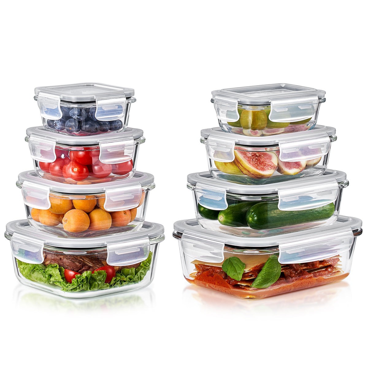 Set of 8 Pack Food Storage Containers Retangle Glass With Lids