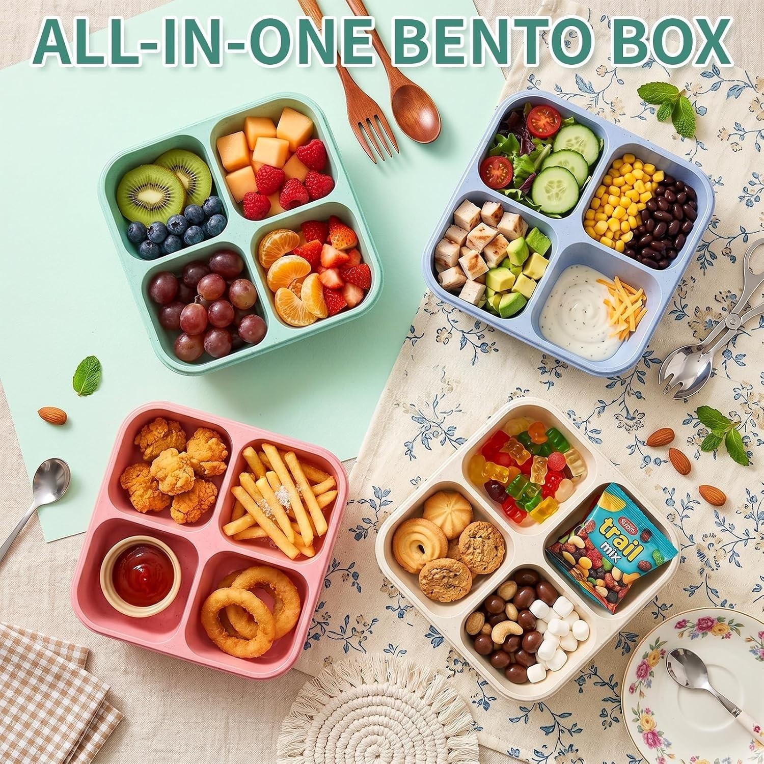 4 Pack Stackable Wheat Straw Bento Snack Containers – Dishwasher Safe & Portable