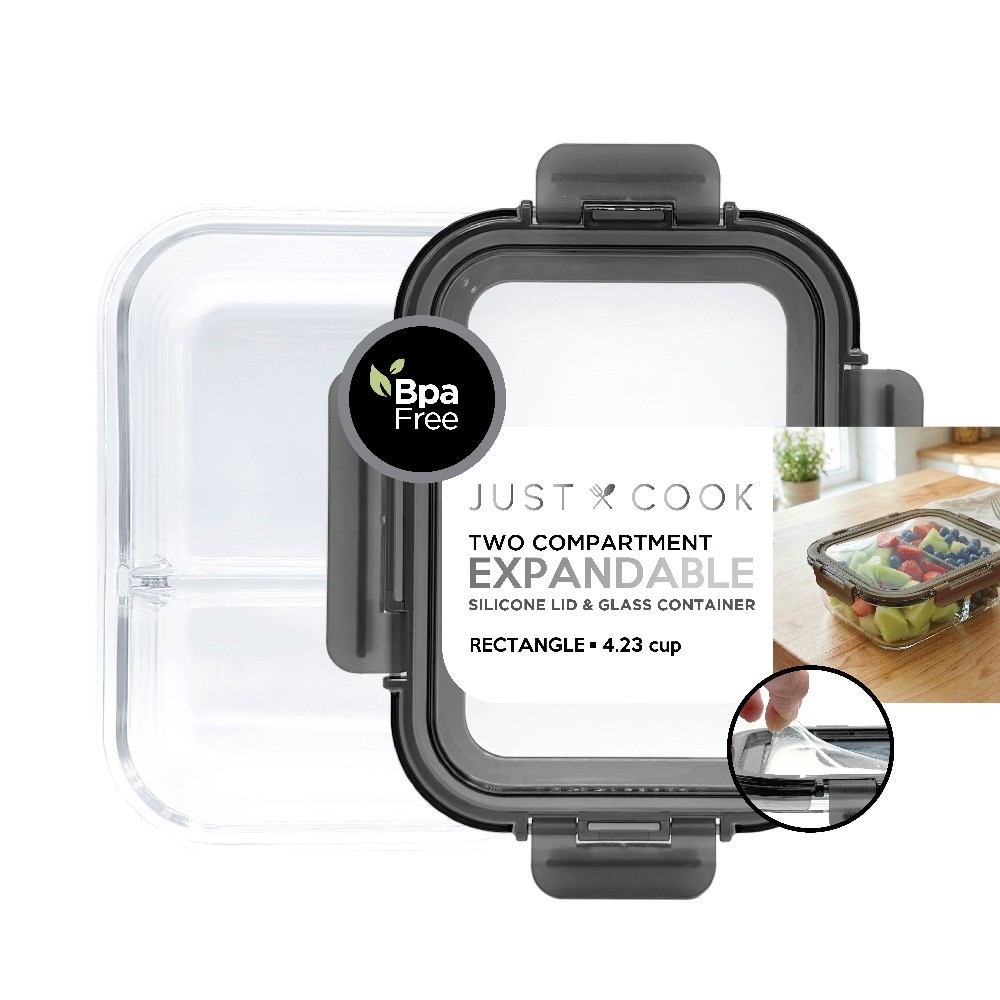 Glass Food Storage Container with Expandable Silicone Lid, 2-Compartment
