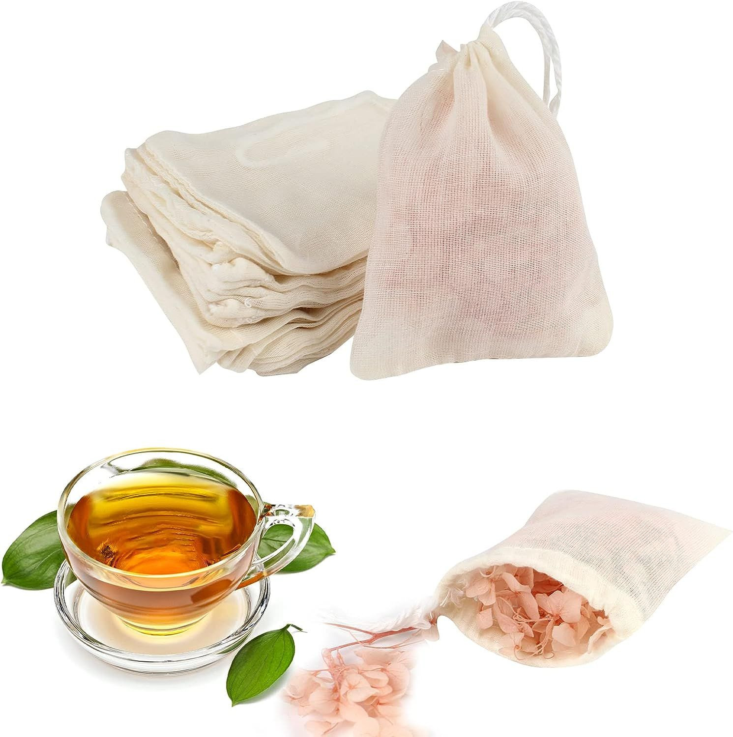 TamBee 3 x 4 Inch Drawstring Tea Bag Muslin Mesh Bags Cream,white