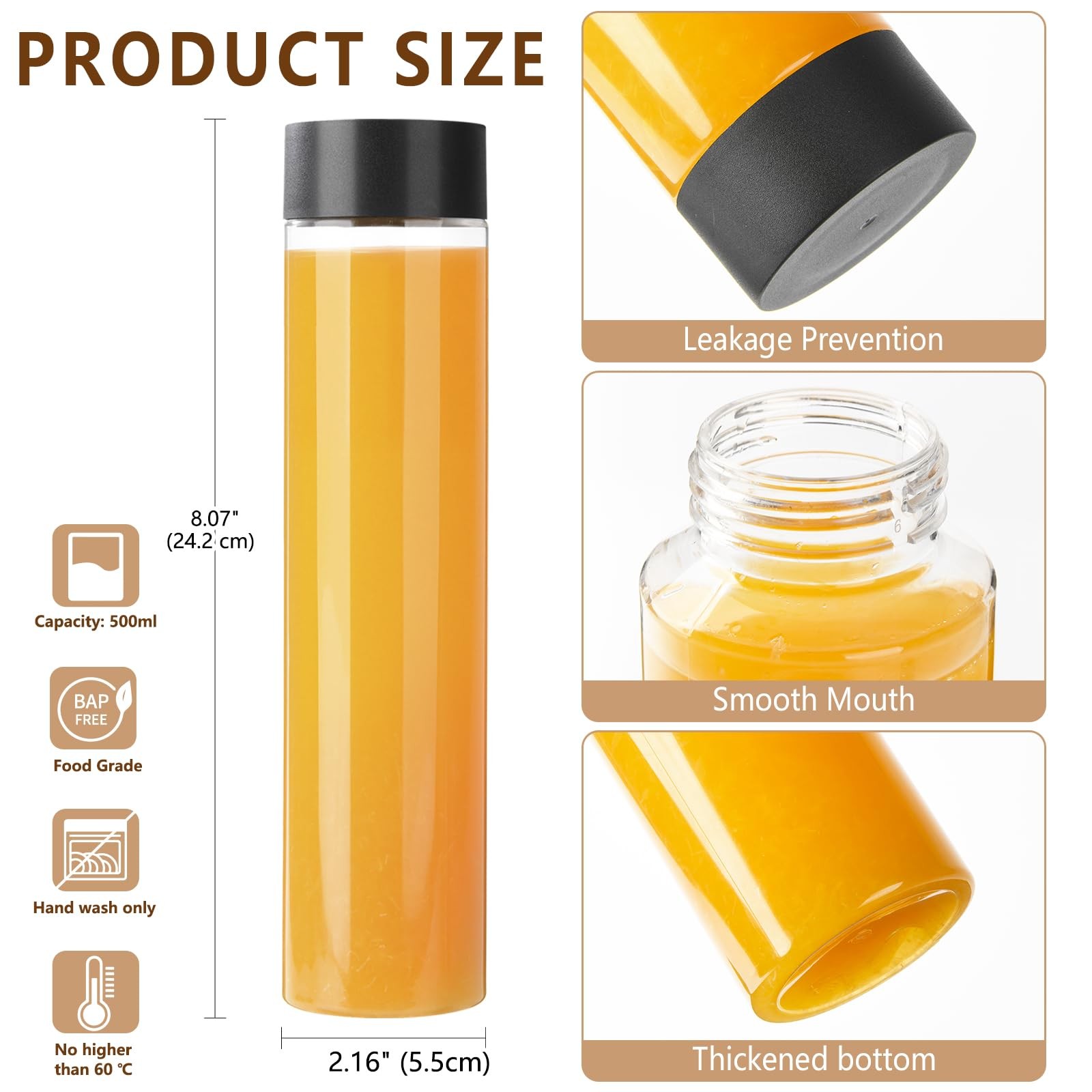 12 Pack 16oz Clear PET Plastic Juice Bottles Black Lid Smoothie Drink Containers