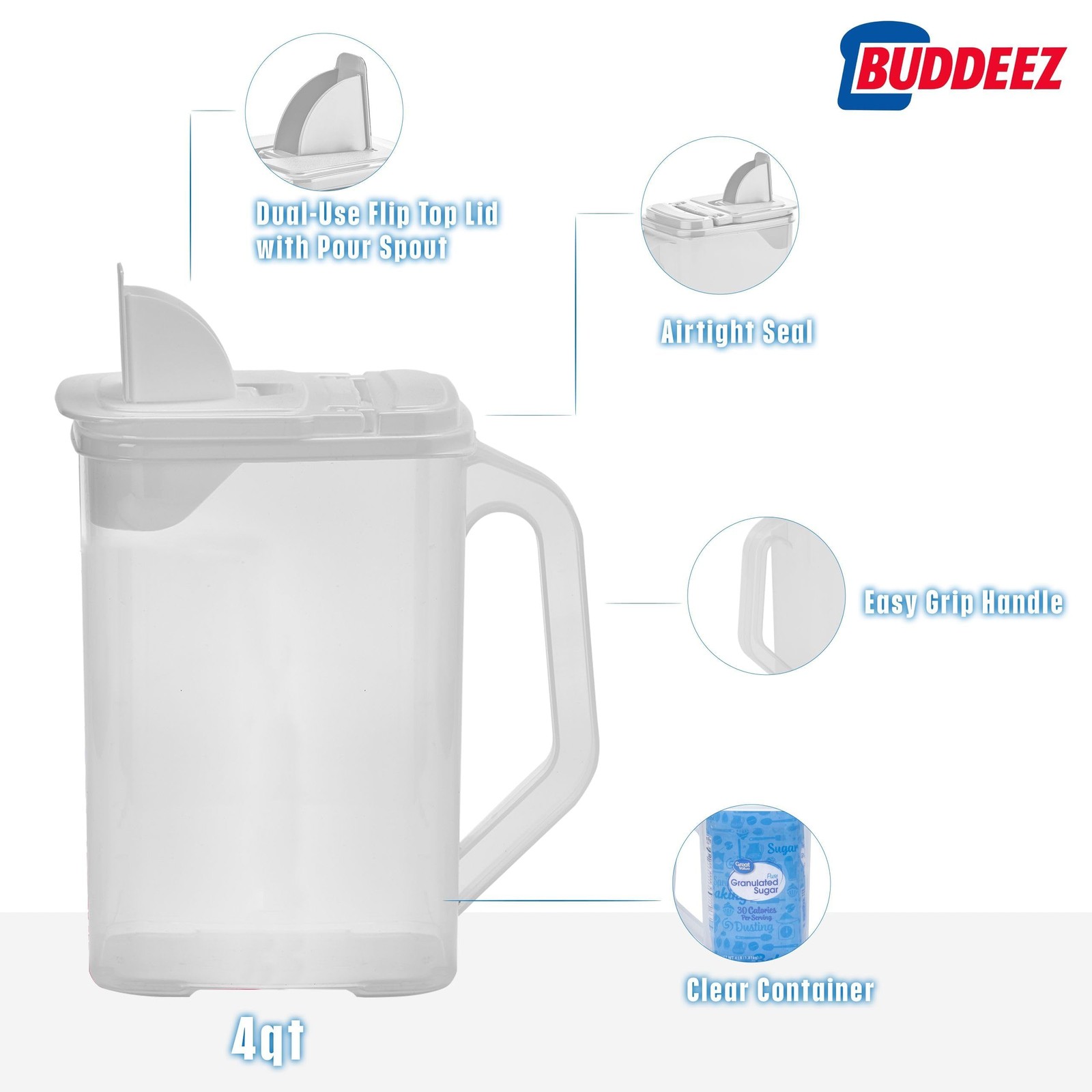 Buddeez Kitchen Pantry Container – Easy Grip Handle for Mess 4 QT, White Lid
