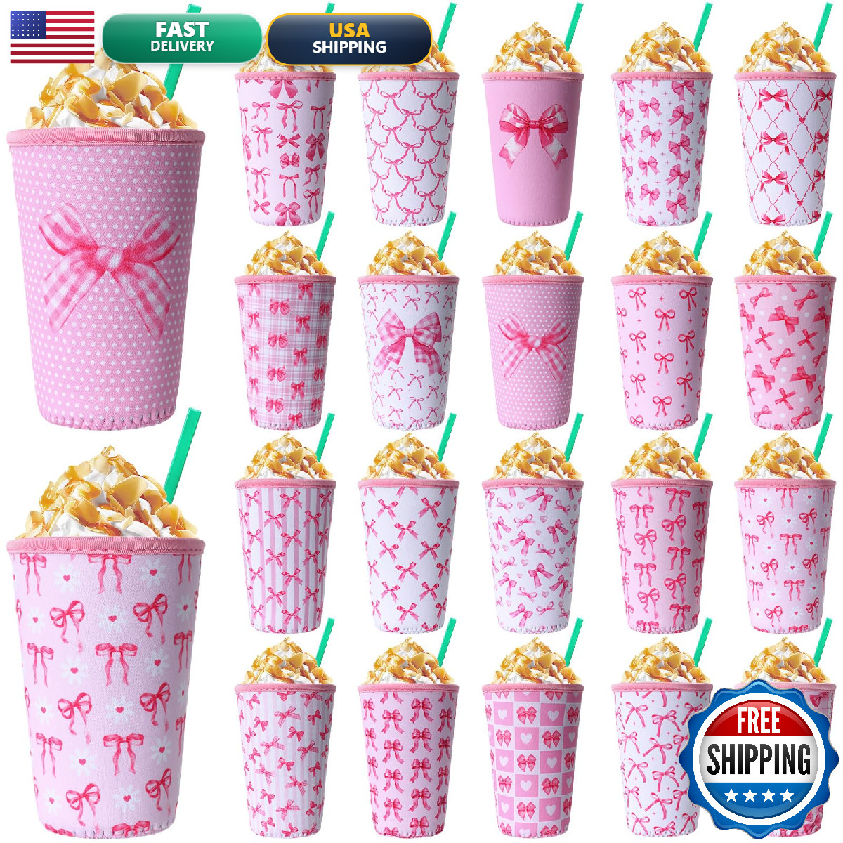 Irenare 20 Pcs Pink Bow Iced Coffee Sleeve Reusable Neoprene Insulator Cup