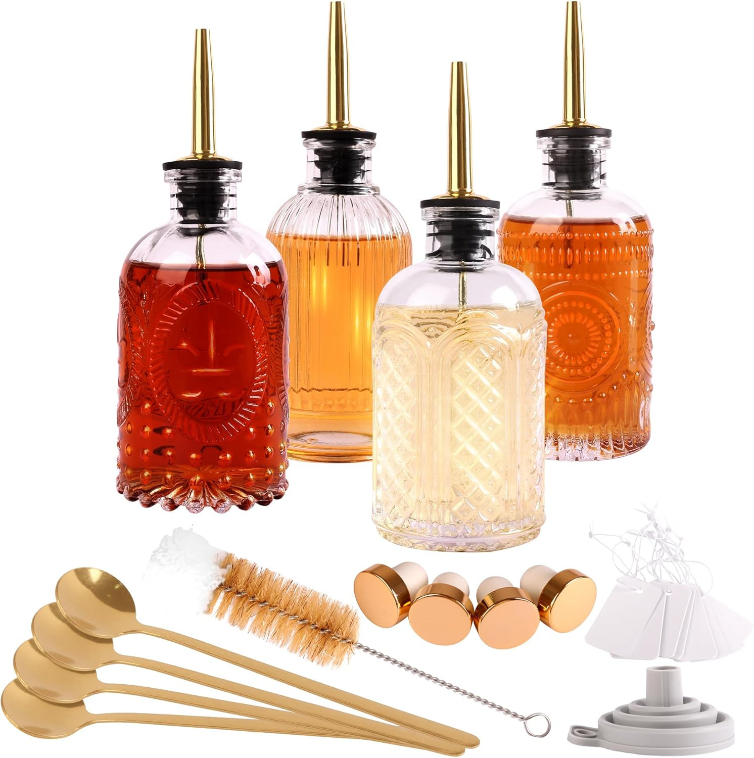 Glass Syrup Dispenser Set – 4x7Oz Bottles with Metal Pour Spouts and Stoppers
