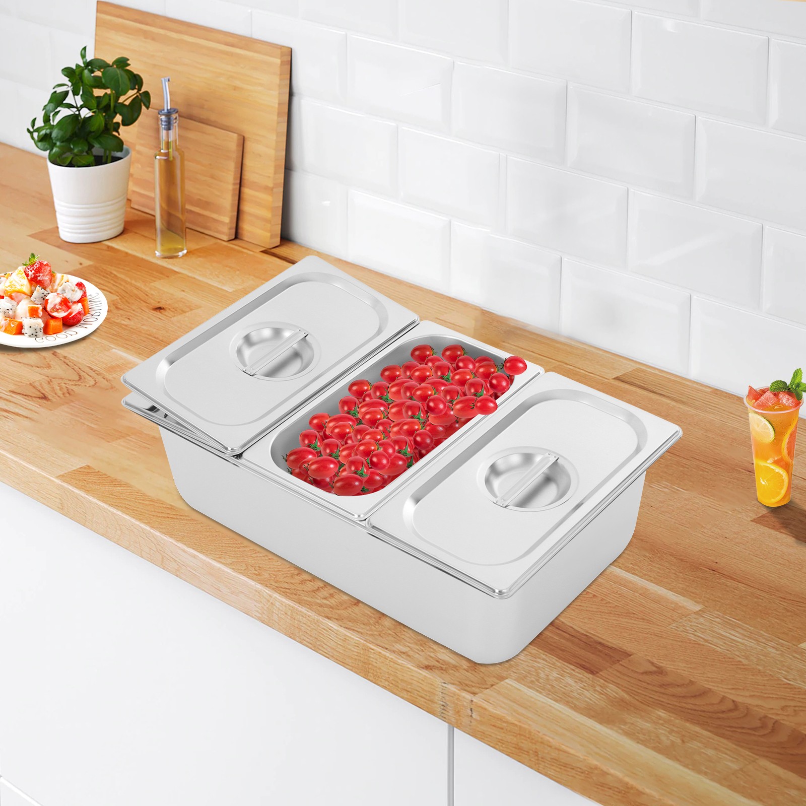 3 Grid Stainless Steel Acrylic Lid Fruit Basin Food Serving Container w/ Gaskets