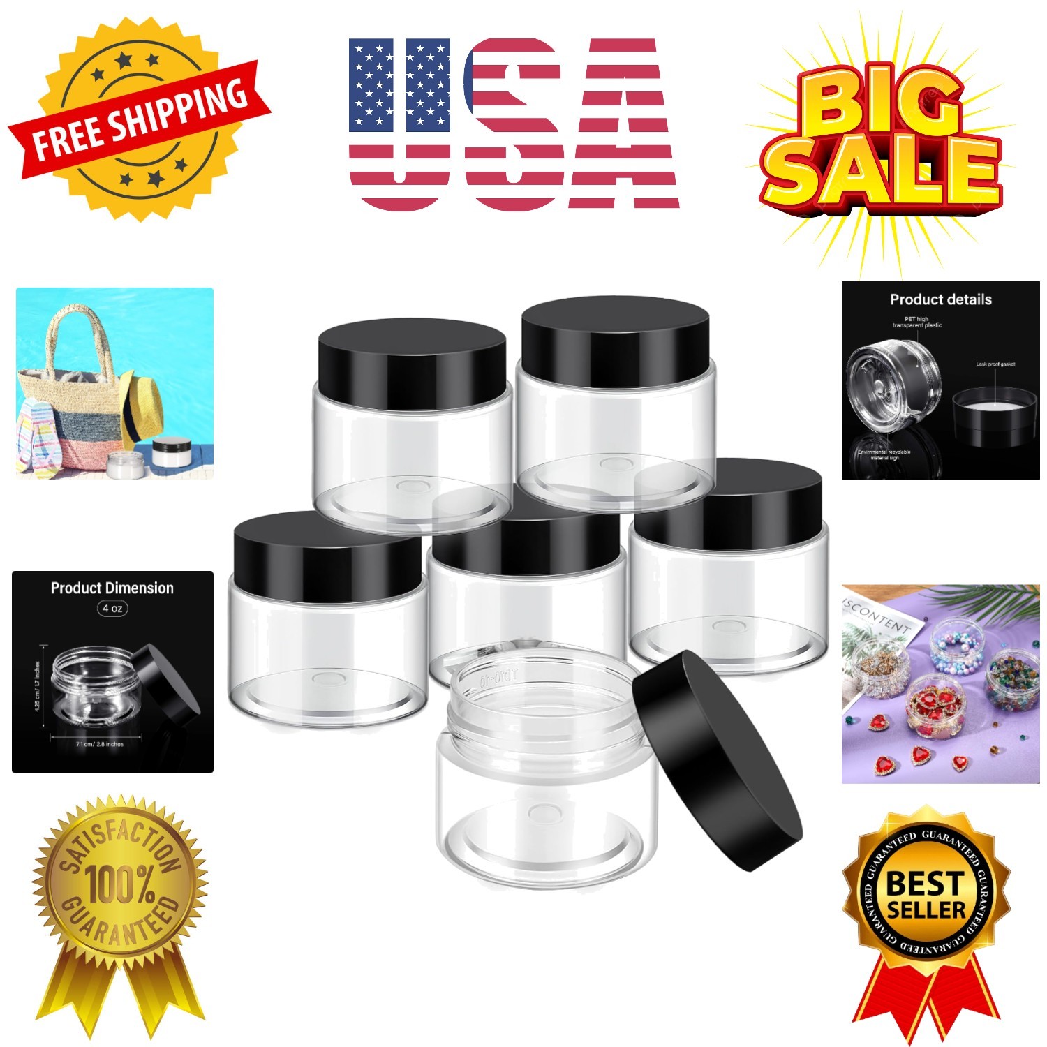 6 Pack 3 oz Plastic Jars Containers with Lids Wide-mouth Refillable Leakproof…