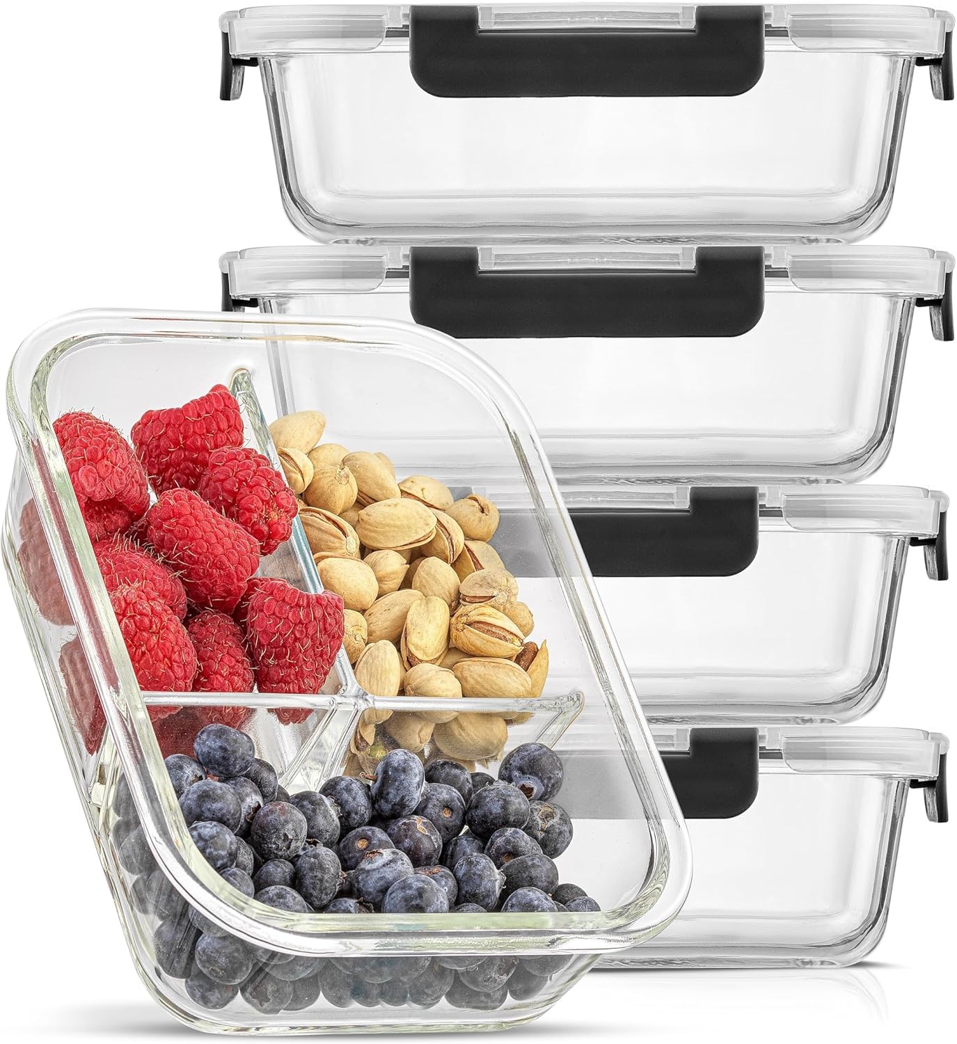 JoyJolt Divided 3 Compartment Glass Meal Prep Bento Box Dark Black, Black