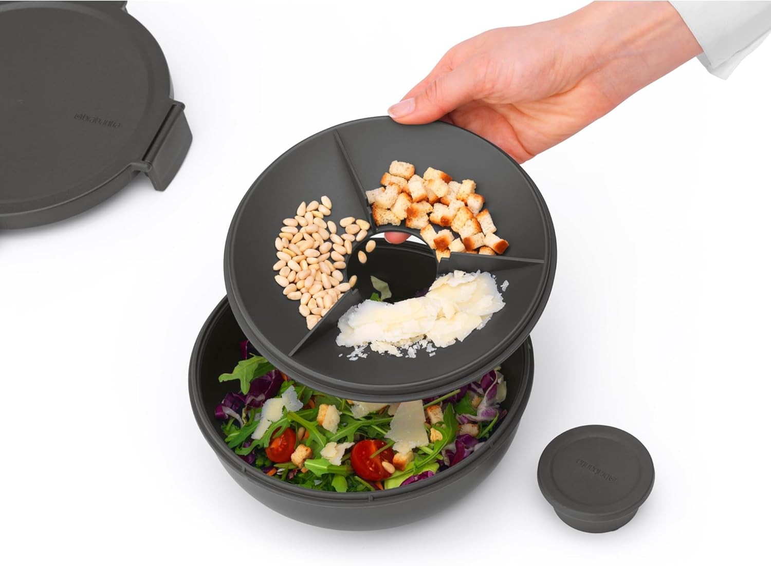 Make & Take Salad Bowl W/ Removable Tray Toppings & Dressings Dark Gray 100%