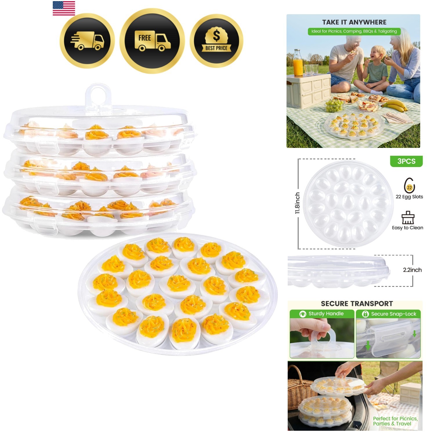 Deviled Egg Containers with Lid, 3PCS Deviled Egg Platter Carrier Holder Tray…