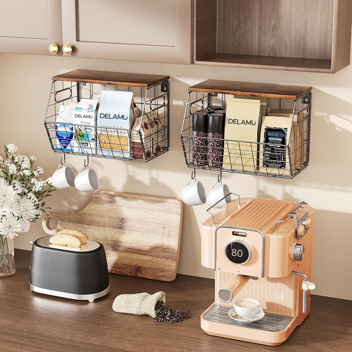 Stackable Metal Fruit Basket with Wooden Lid – Wall and Countertop Organizer
