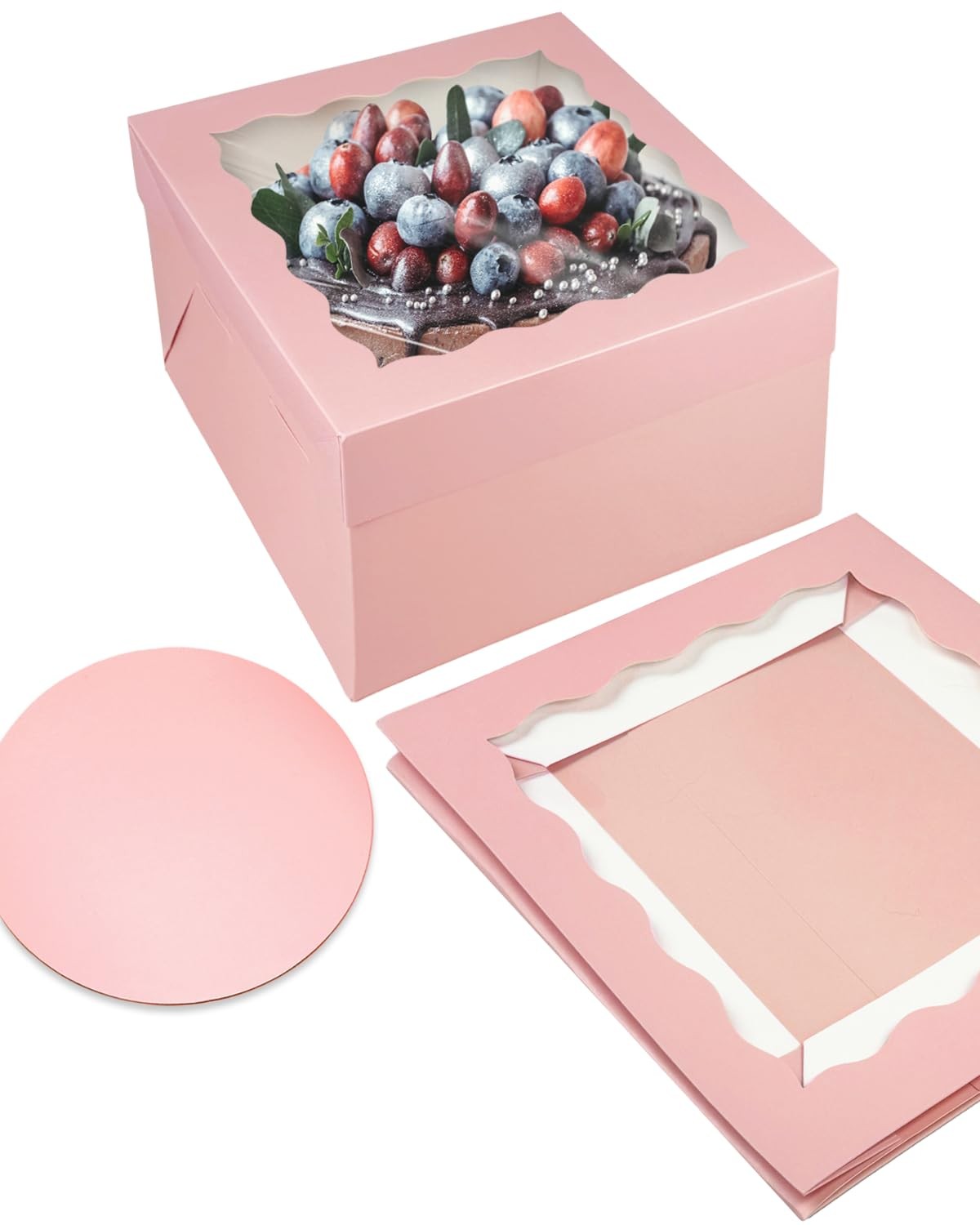18 Sets Pink 10x10x8 Inch Cake Box with Window 10 Board Pink Ribbon