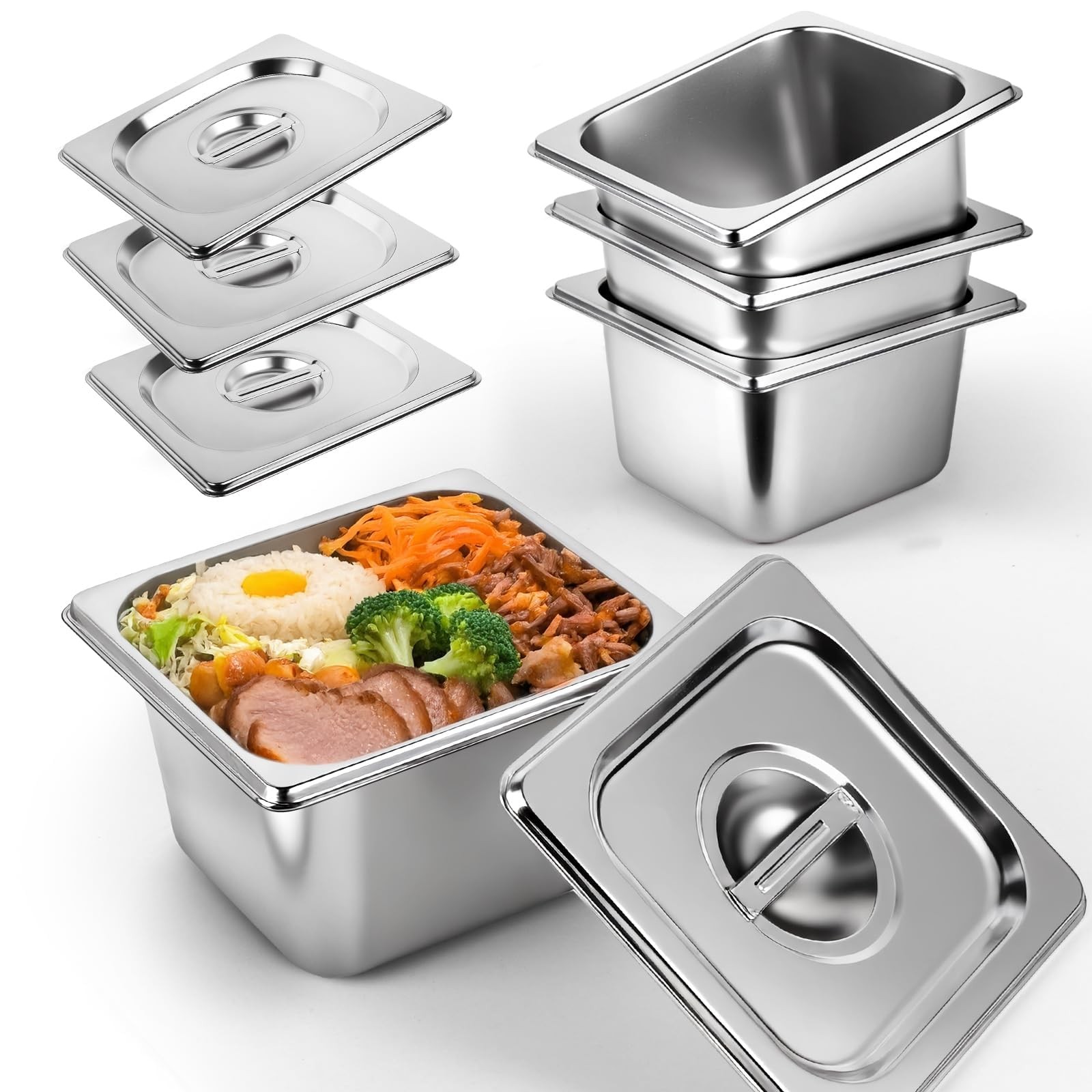 4 Pack 1/6 Size Hotel Pans 4” Deep Steam Table Pan with Lid 7”L x 6.5”W St…