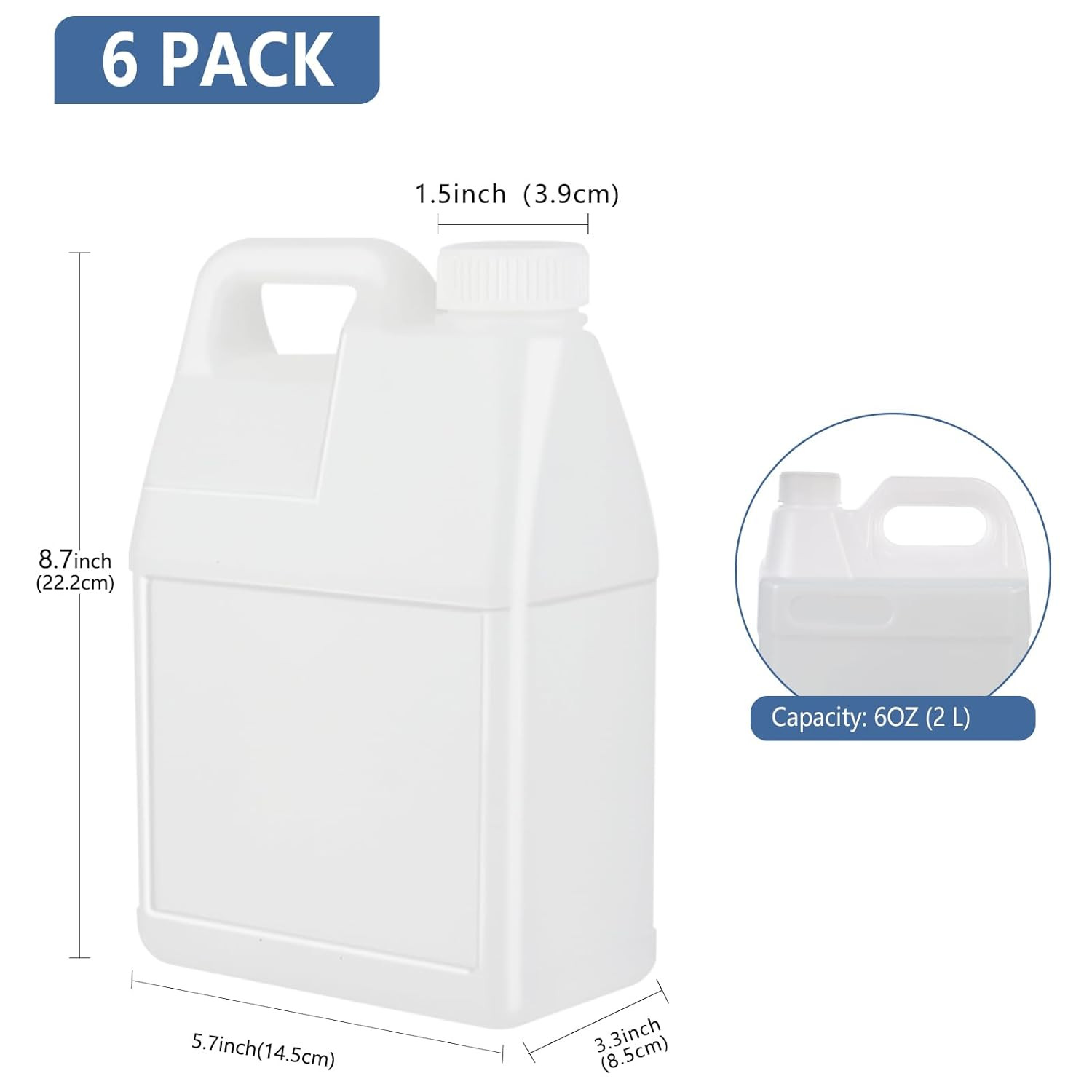 6 Pack 64 oz Clear Plastic Jugs with Lids Ergonomic Handle Water Containers