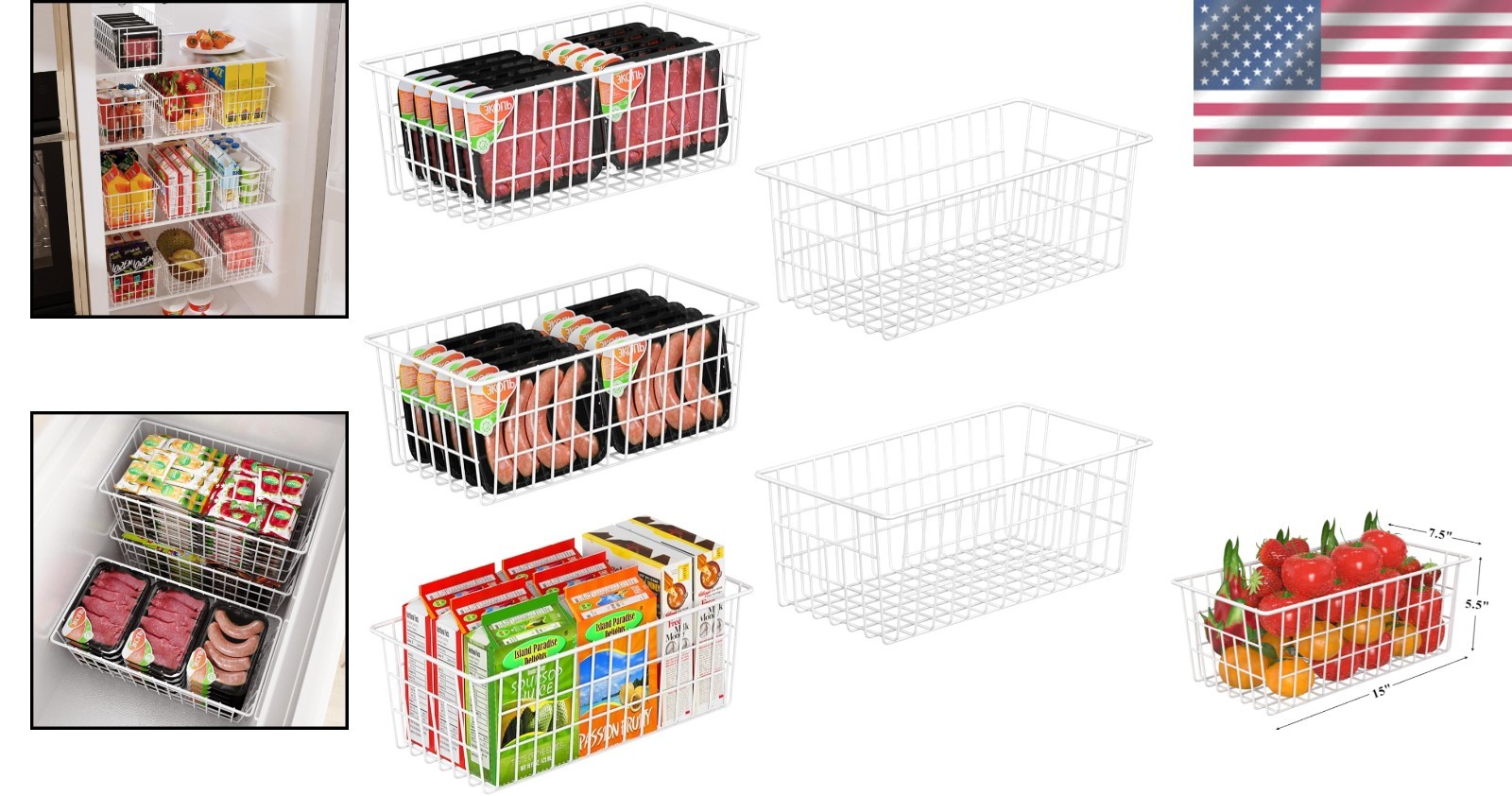 Freezer Organizer Bins 5 Pcs – Sturdy White Metal Baskets, 570 Cu In Capacity