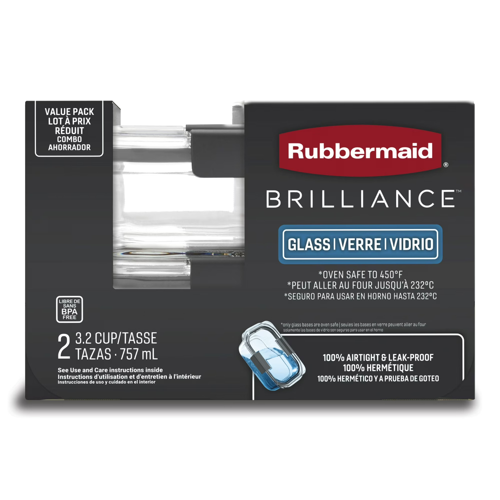 Rubbermaid Brilliance 3.2 Cup Glass Food Storage Containers, Set of 2, Best Used