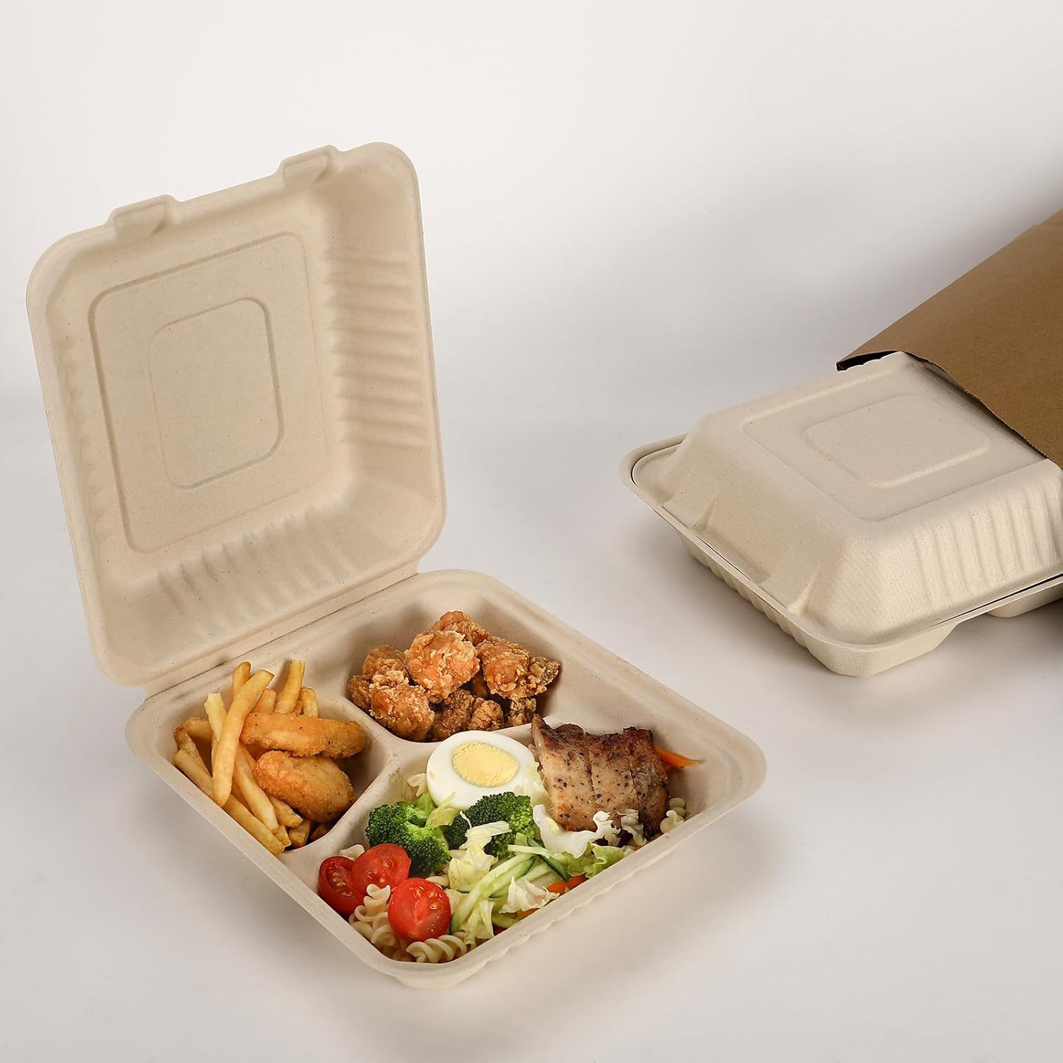 3‑Compartment 8×9″ Compostable Takeout Boxes 100‑Pack PFAS‑Free Bagasse