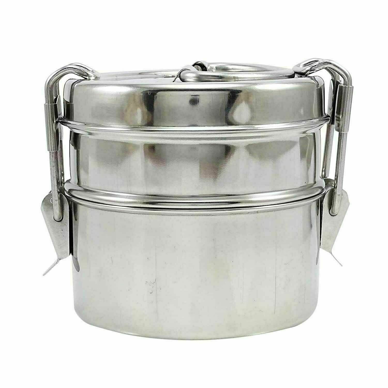 Stainless Steel Lunch Box 2 Tier Food Container Carrier Set Indian Tiffin Round