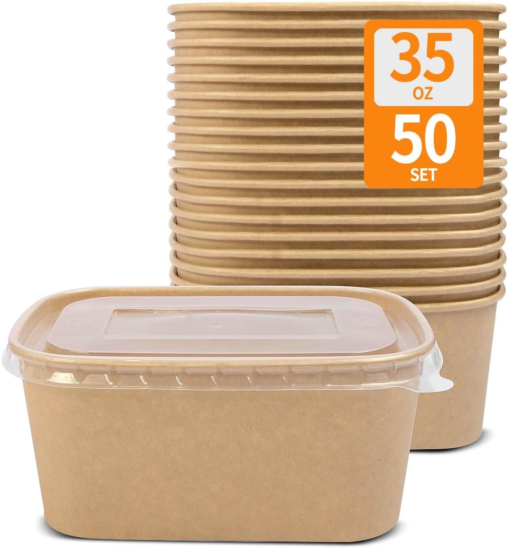 50 Pack 35 Oz Paper Food Containers with Lids, Paper Meal Prep Containers Microw